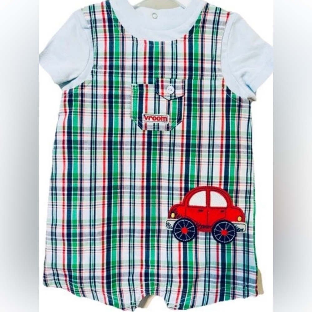 NWT! Little Me Plaid Coverall Romper Sun Suit VROOM car Design Size-6 Months